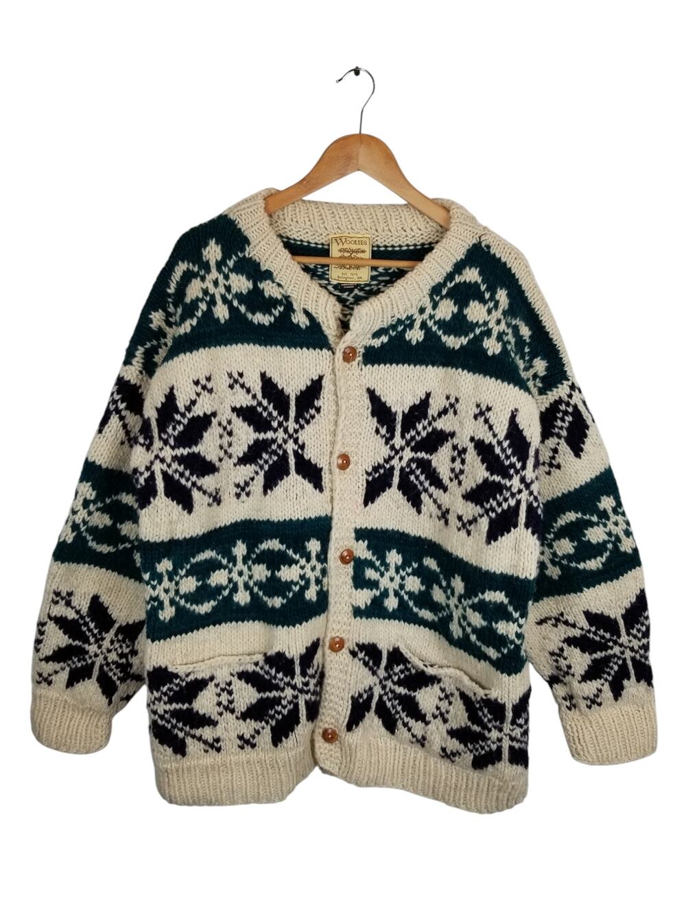 Woolies Unisex Hand Knit In Equador Cardigan Sweater Cream Green Navy Blue Large - Picture 1 of 8